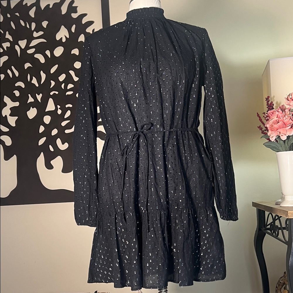 New! Gap black and metallic mock neck long ballon sleeves ruffle hem mini dress - Picture 2 of 13